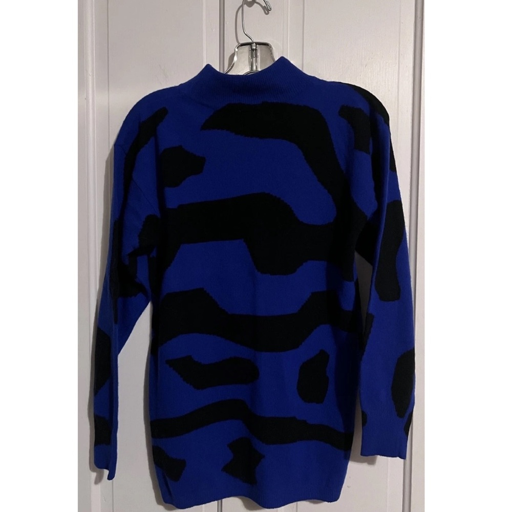 Vintage 80s Lambswool Blue Black Geometric New Wave Pullover Mock Neck Sweater M